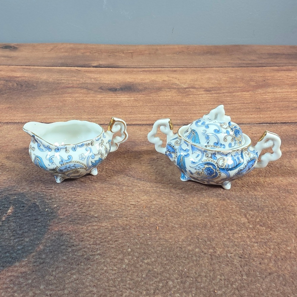 Lefton China Creamer Sugar Set OS Blue Gold Excellent Hand Painted Paisley 2358